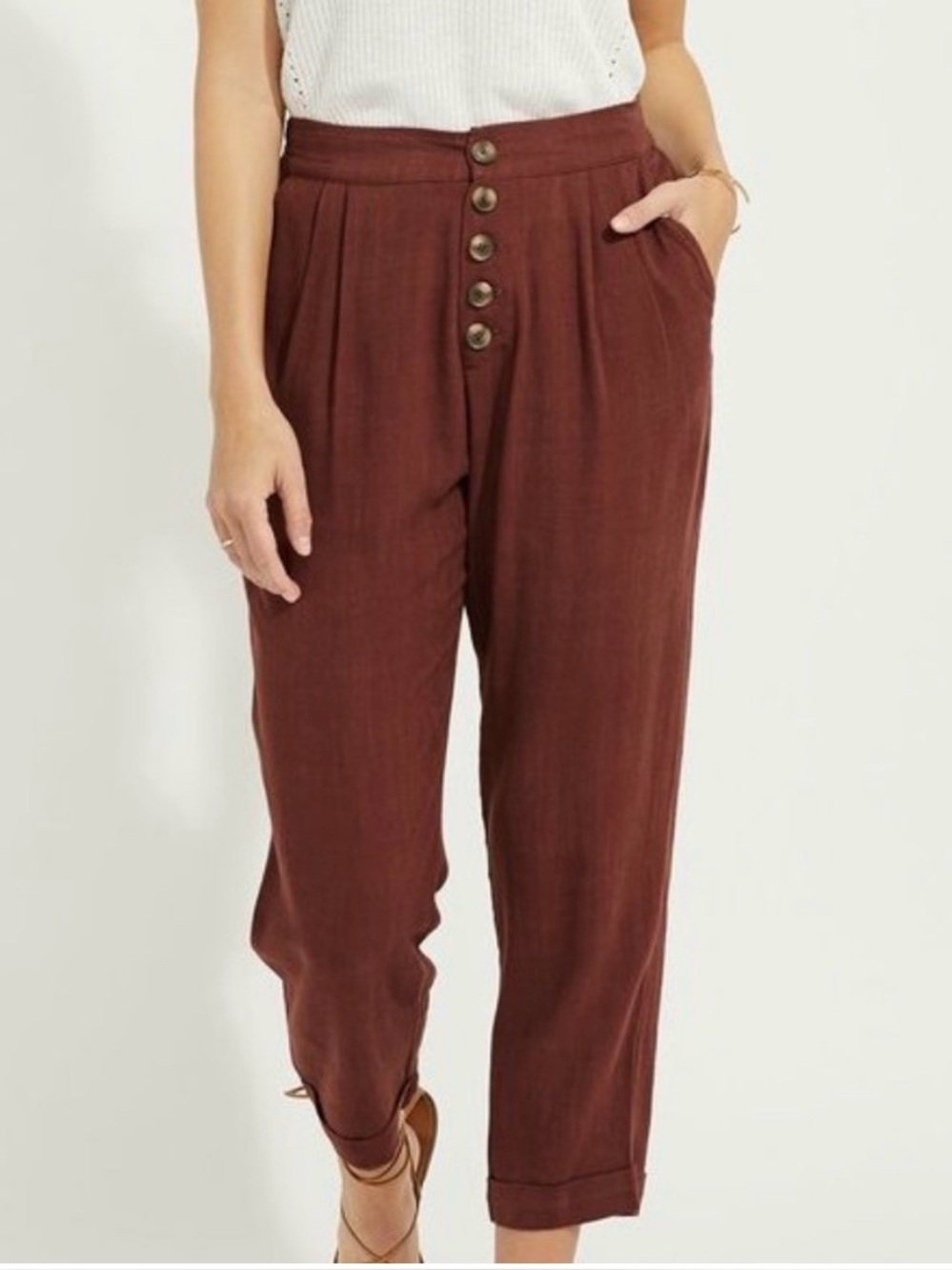Gentle Fawn Rally Linen Cropped Pant M Button Front Elastic Waist Cuffed Pockets